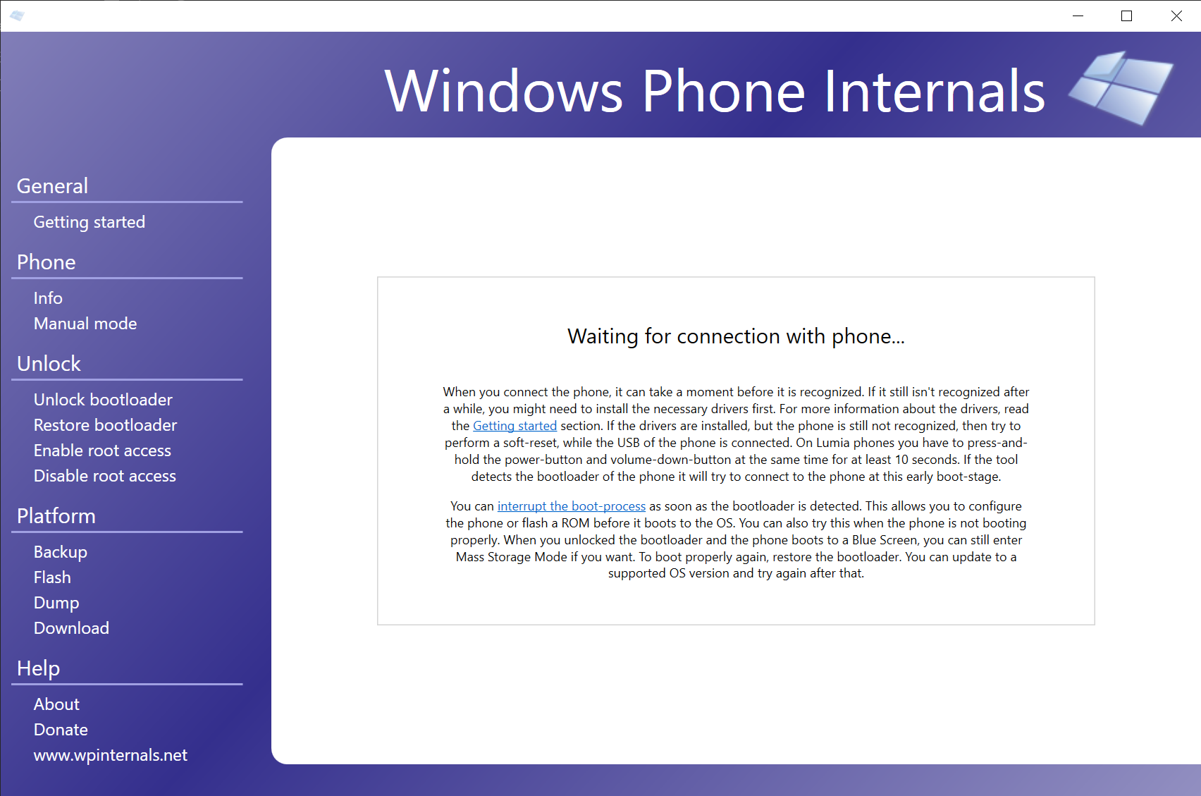 WPInternals is looking for the phone