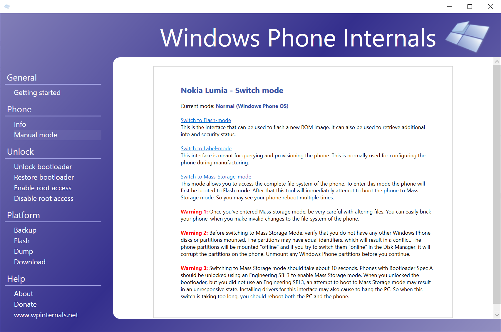 WPInternals page for mode selection