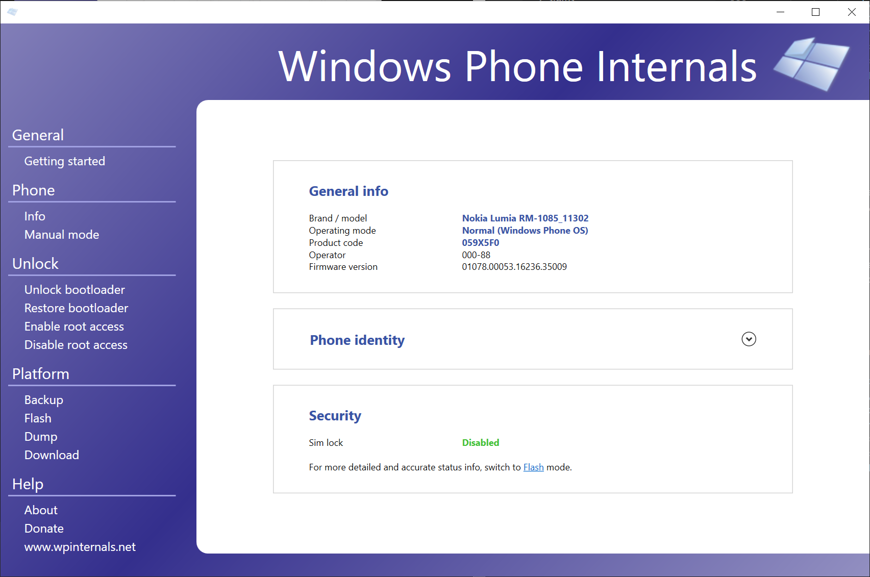 The WPInternals device info page