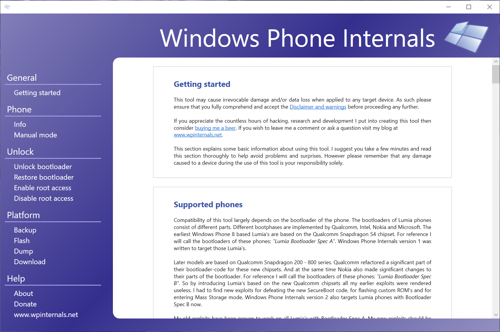 The WPInternals tool Welcome Page